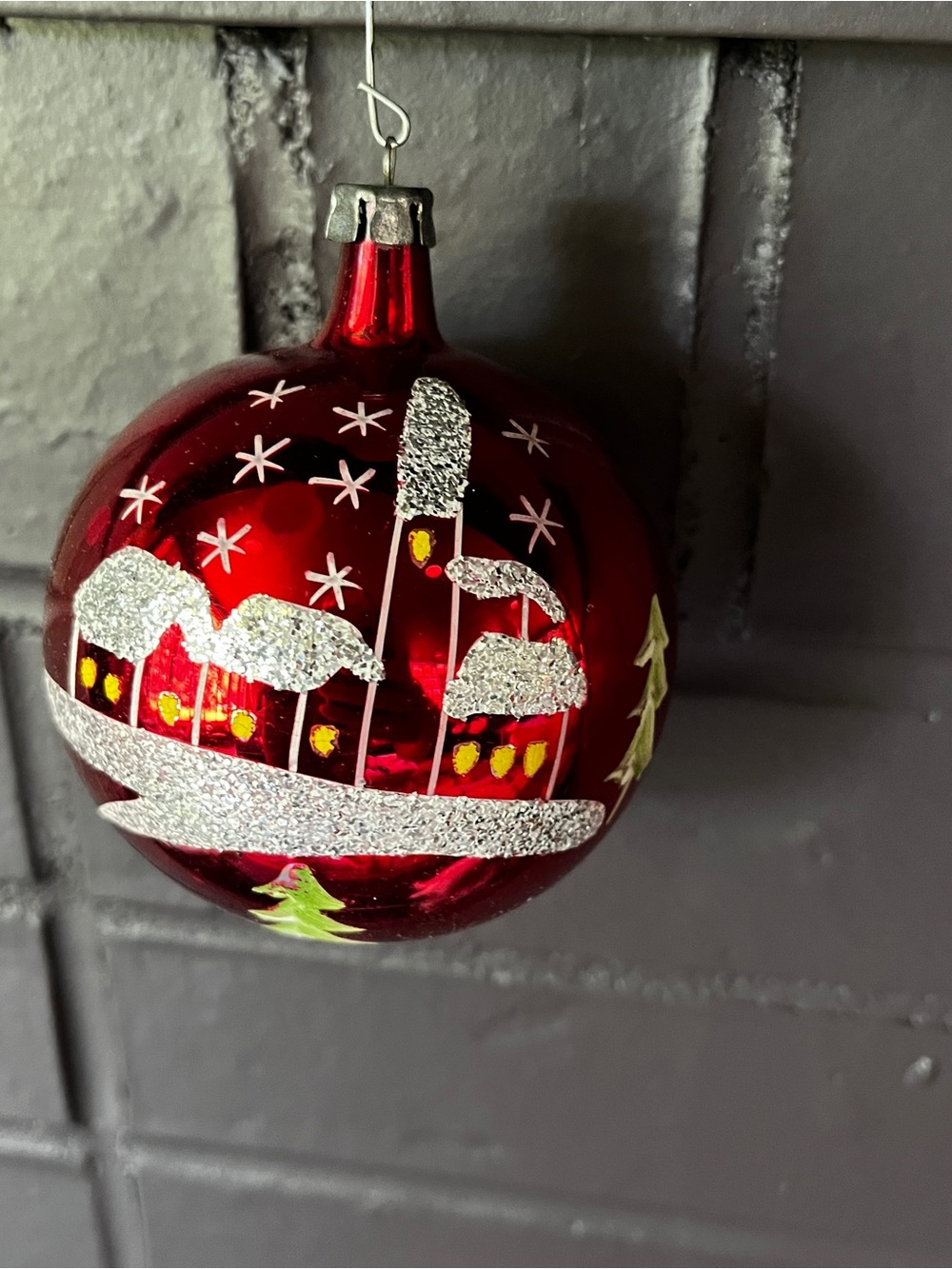 Vintage Jumbo Poland Glass Christmas Ornament Xmas Santa red glitter tree town